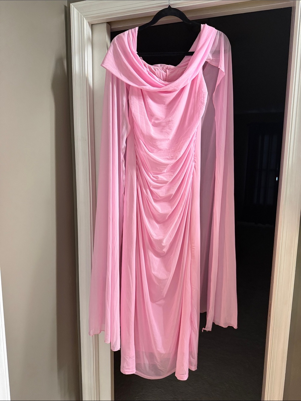 Talbot Runhof Ruched Off-The-Shoulder Mesh Cape Gown Pink Like New